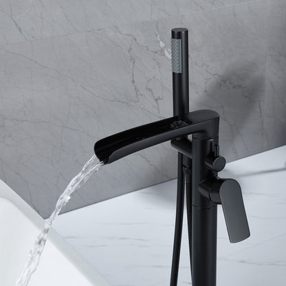 Single-Handle Freestanding Floor Mount Roman Tub Faucet Bathtub Filler with Hand Shower in Matte Black