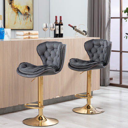 Set of 2  Bar Stools,with Chrome Footrest and Base Swivel Height Adjustable Mechanical Lifting Velvet + Golden Leg Simple Bar Stool-gray