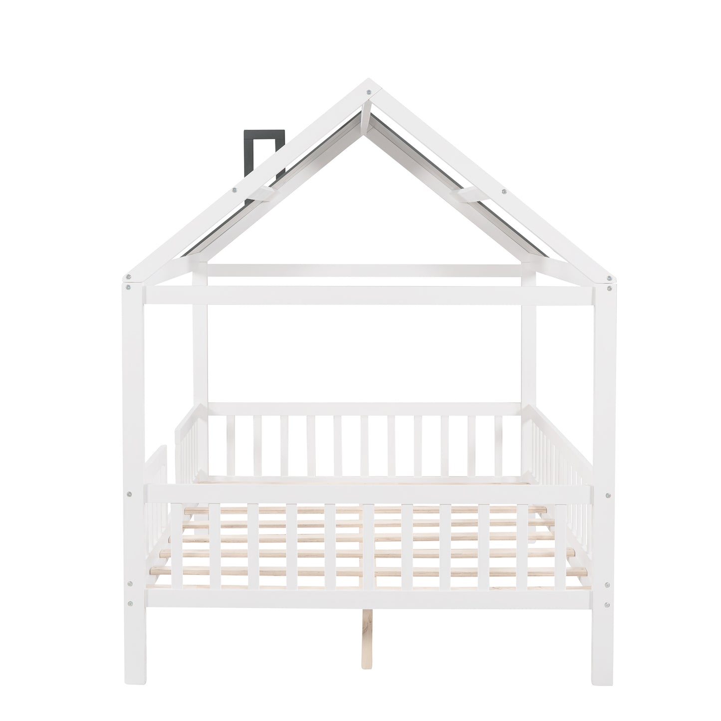 Full Size Wood House Bed with Fence, White+Gray