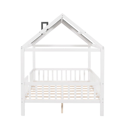 Full Size Wood House Bed with Fence, White+Gray