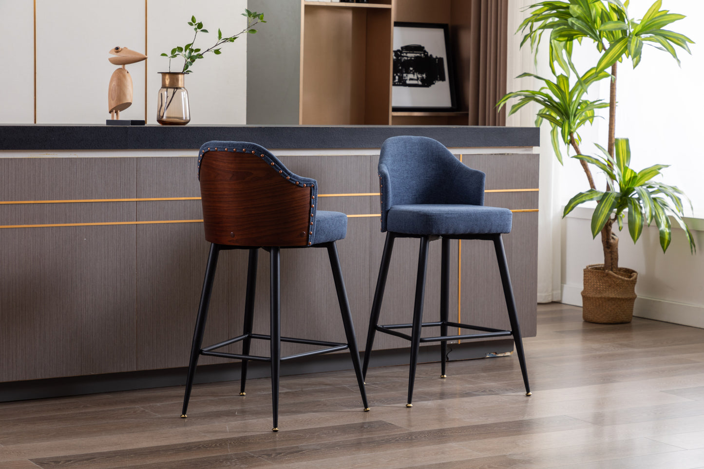 Set of 2 Counter Bar Stools, Fabric Upholstered Bar Stool with Nailhead Trim Back, Metal Legs in Matte Black, 25.59" H Seat Height