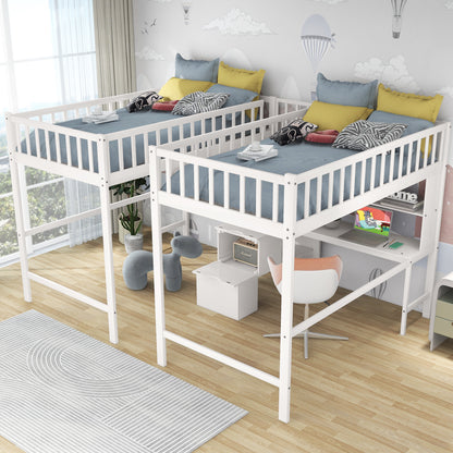 Twin & Twin Size Loft Bed with 2 Built-in Desks and Shelves, Storage Staircase, White