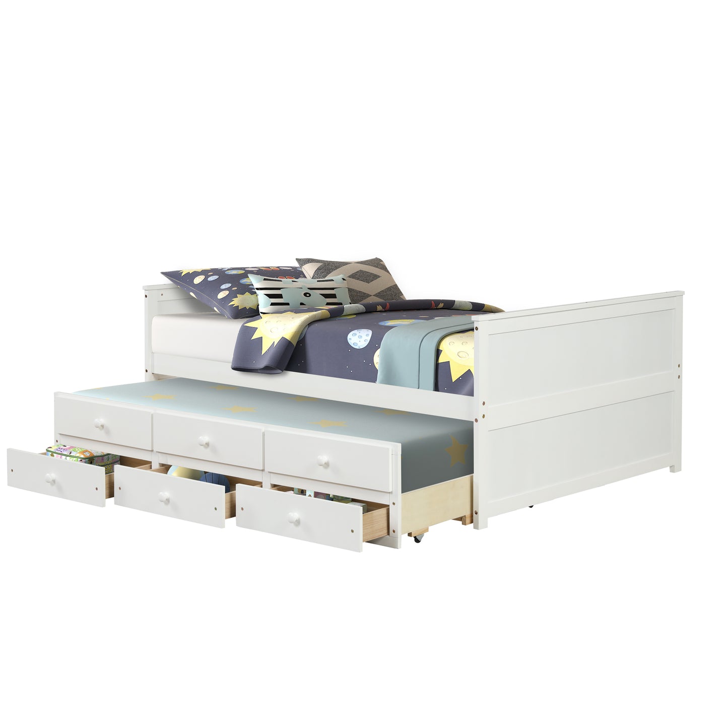 Full Captain Bed With Twin Size Trundle And 3 Drawers Made  By Solid Wood