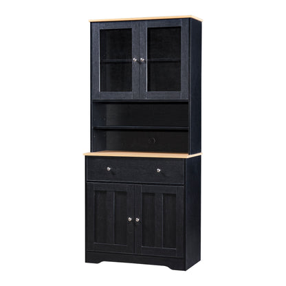 TREXM 70.9" Multifunctional Pantry Cabinet MDF Storage Cabinet with Glass Doors, A Large Drawer and Adjustable Shelves (Black)