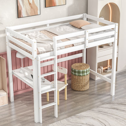 Twin Loft Bed with  built-in desk,White