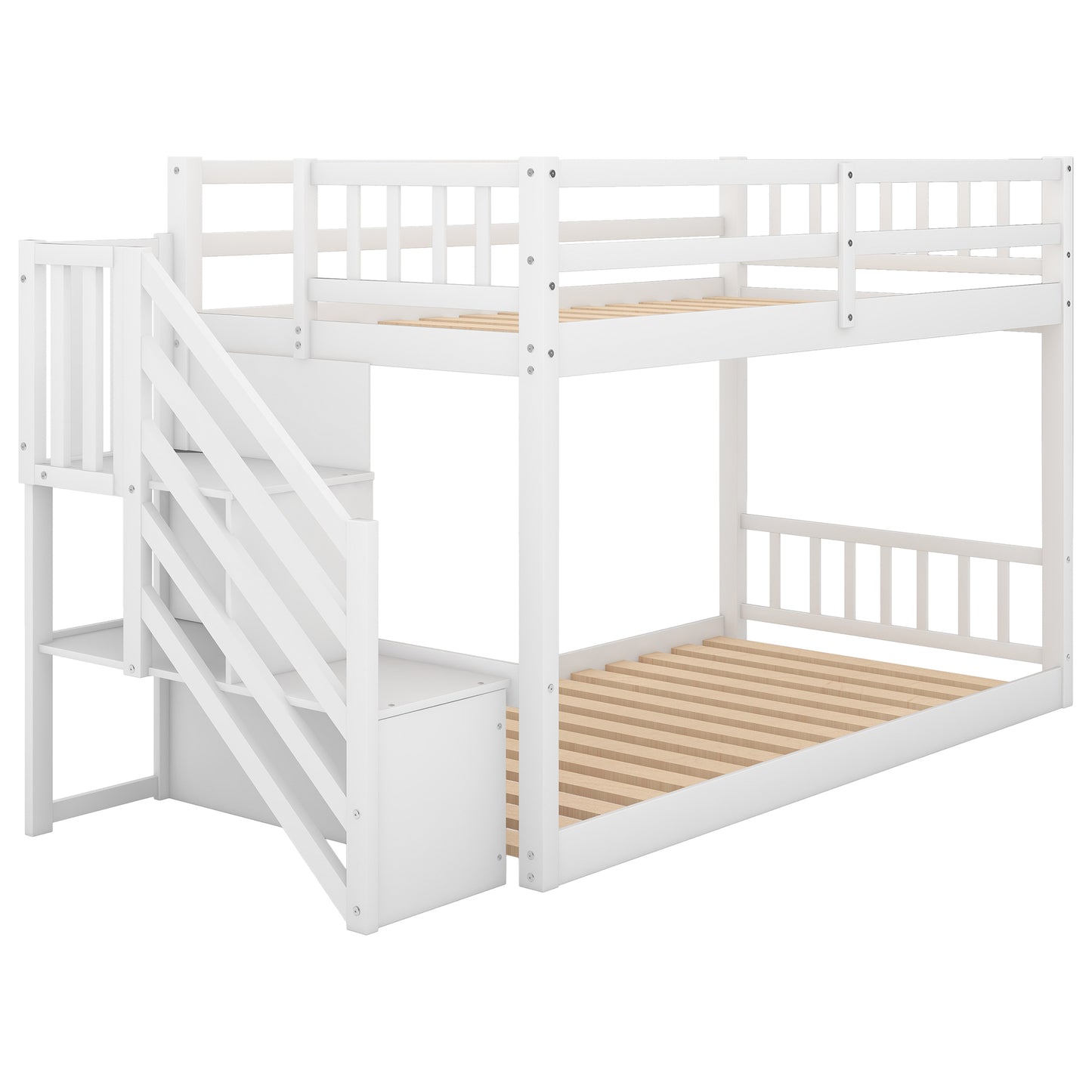 Twin over Twin Floor Bunk Bed, Ladder with Storage, White