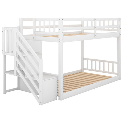 Twin over Twin Floor Bunk Bed, Ladder with Storage, White