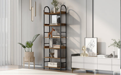 70.8 Inch Tall Bookshelf, 6-tier Shelves with Round Top Frame, MDF Boards, Adjustable Foot Pads, Brown