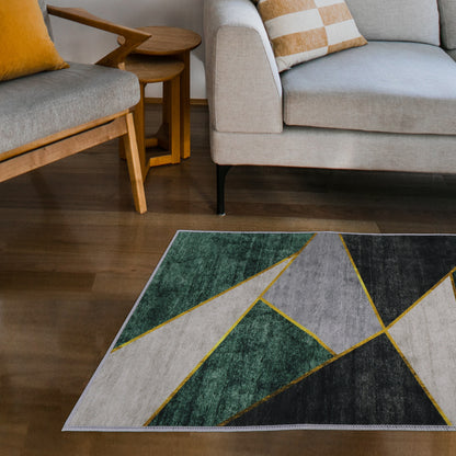 Casual Geometric Cotton Area Rug，Modern Abstract Geometric Shapes Accent Outdoor Rug 4ft x 5.3ft for Patio Bedrooms, Dining Rooms, Living Rooms Light Grey /Green