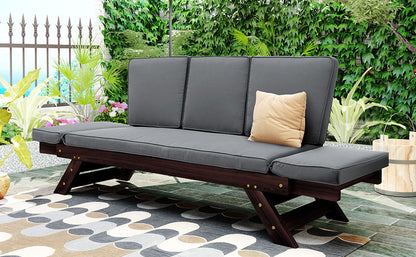 TOPMAX Outdoor Adjustable Patio Wooden Daybed Sofa Chaise Lounge with Cushions for Small Places, Brown Finish+Gray Cushion