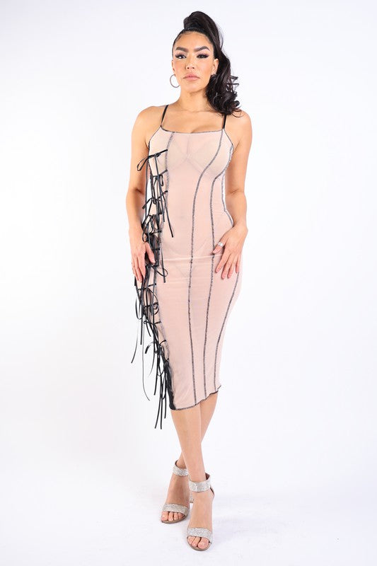 Ribbon Detailed Mesh Dress