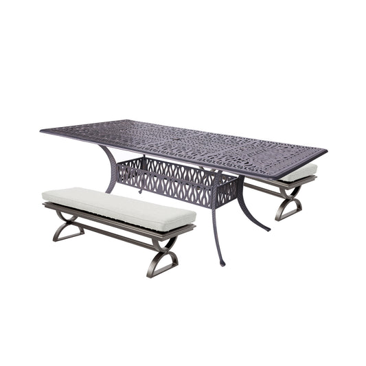 3 Piece Outdoor Aluminum Dining Set, Rectangular table and Benches, Cast Silver