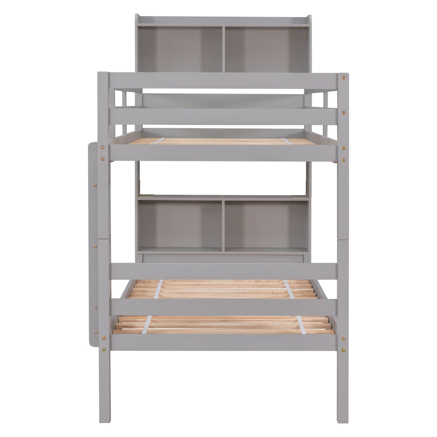 Twin Over Twin Bunk Beds with Bookcase Headboard, Solid Wood Bed Frame with Safety Rail and Ladder, Kids/Teens Bedroom, Guest Room Furniture, Can Be converted into 2 Beds, Grey