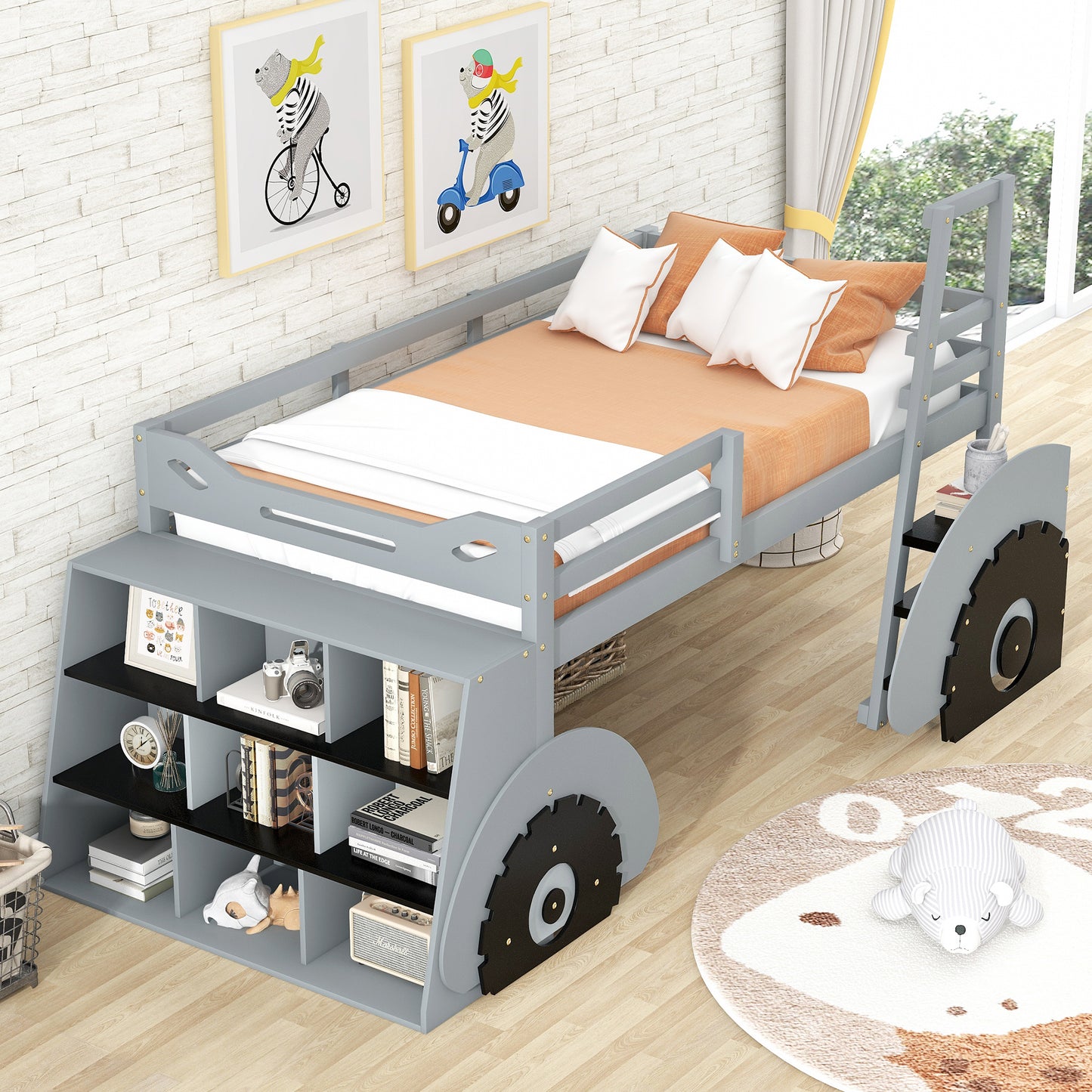 Twin Size Forklift Car-Shaped Loft Bed with Storage Shelves,Gray