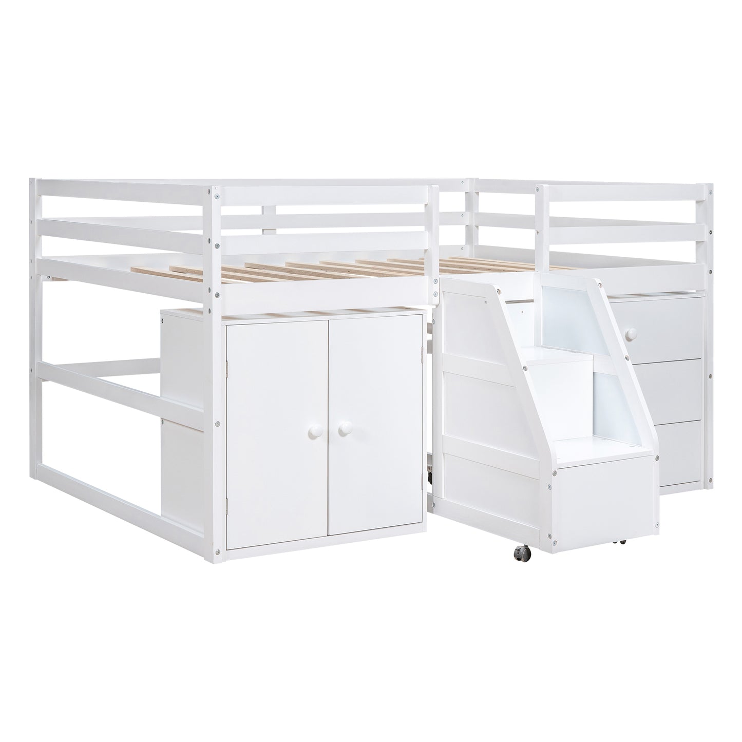 Full Size Functional Loft Bed with Cabinets and Drawers, Hanging Clothes at the back of the Staircase, White