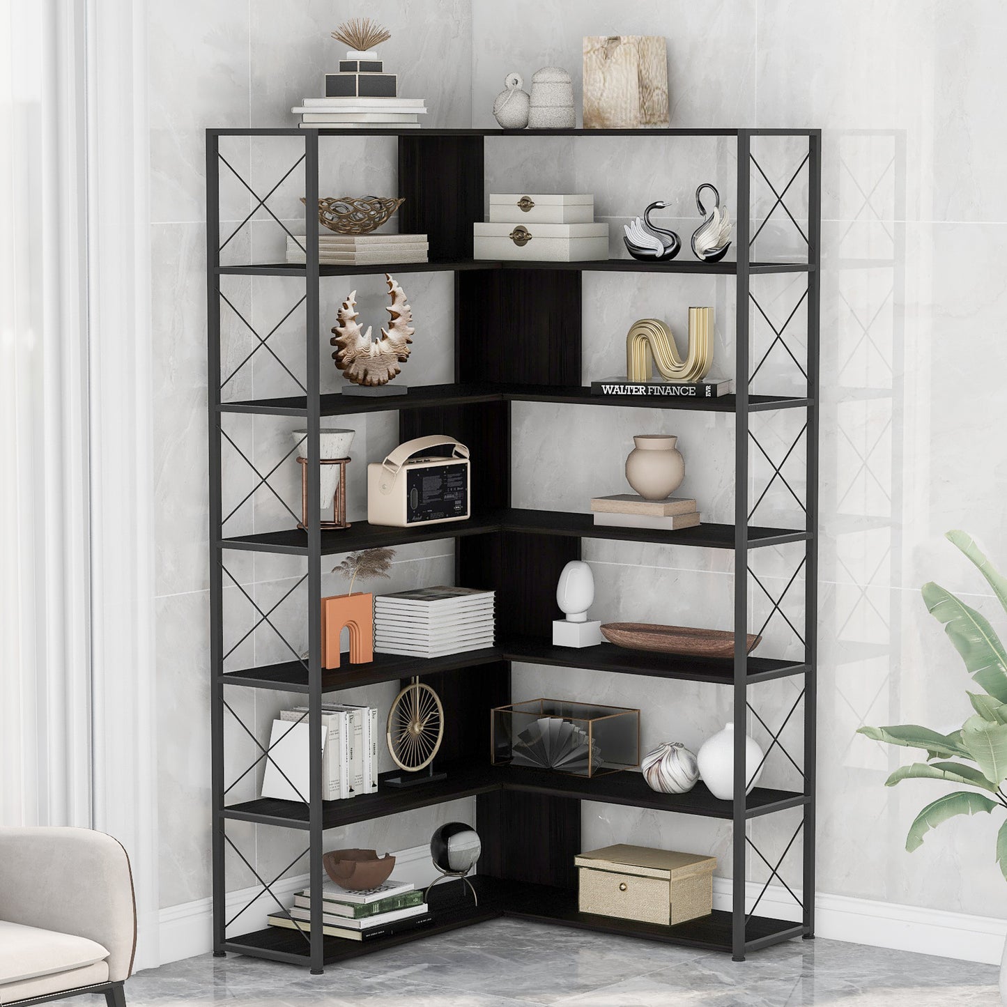 7-Tier Bookcase Home Office Bookshelf,  L-Shaped Corner Bookcase with Metal Frame, Industrial Style Shelf with Open Storage, MDF Board