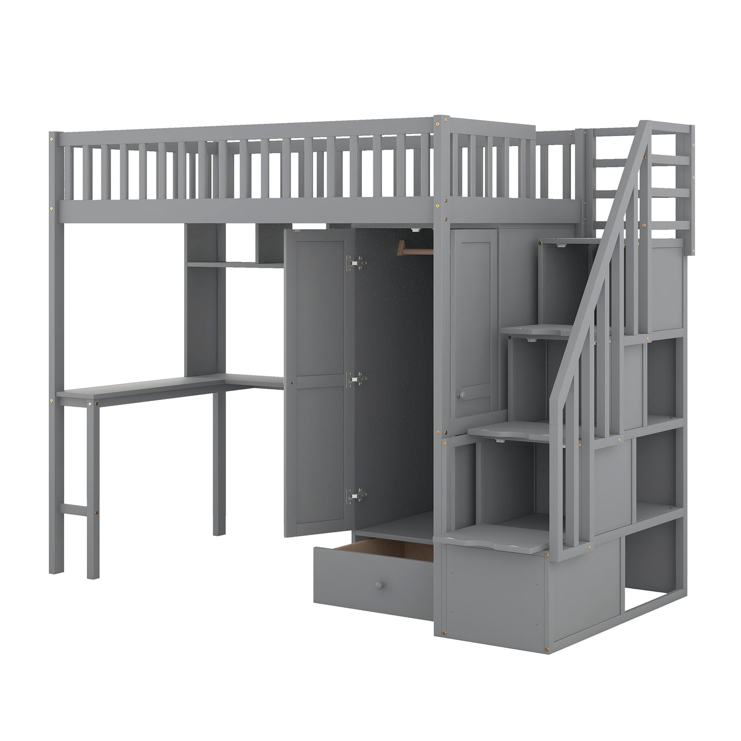 Twin size Loft Bed with Bookshelf,Drawers,Desk,and Wardrobe-Gray