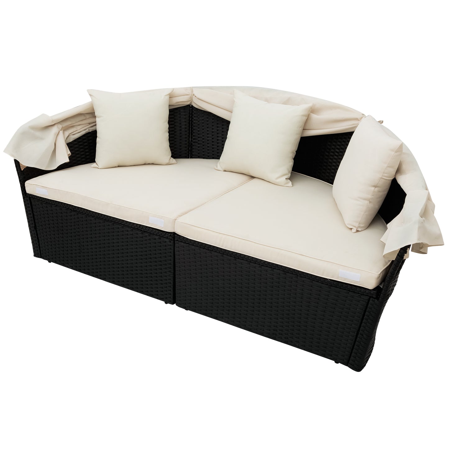 Outdoor rattan daybed sunbed with Retractable Canopy Wicker Furniture, Round Outdoor Sectional Sofa Set, black Wicker Furniture Clamshell  Seating with Washable Cushions, Backyard, Porch, Beige.