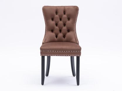 Upholstered Button Tufted Back Brown Velvet Dining Chair with Nailhead Trim and Solid Wood Legs 2 Sets