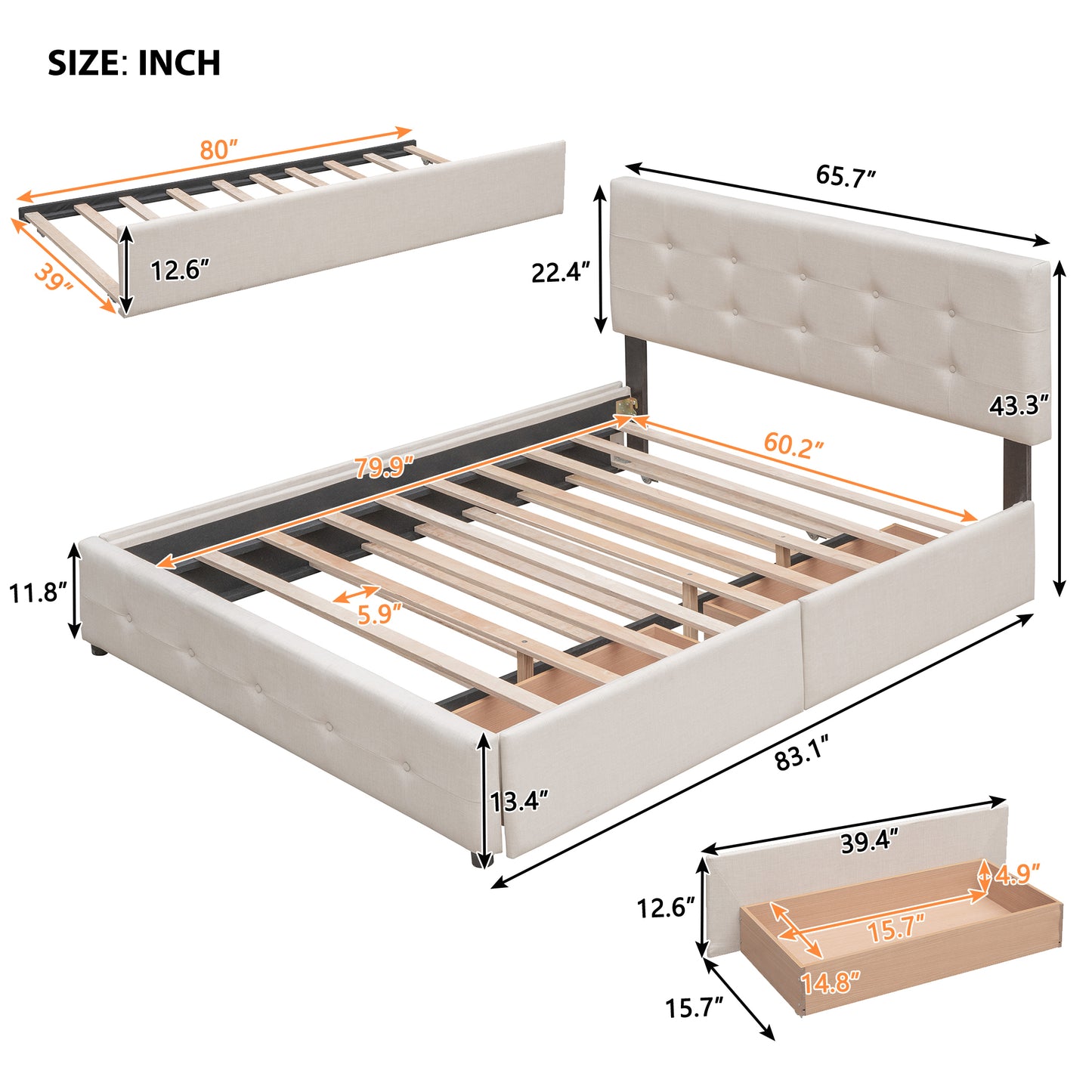 Upholstered Platform Bed with 2 Drawers and 1 Twin XL Trundle,  Linen Fabric, Queen Size - Dark Beige(OLD SKU :LP000314AAA)