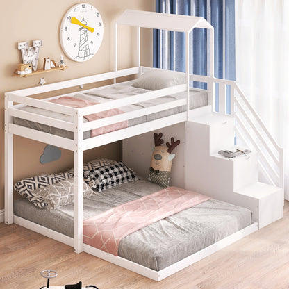 Twin over Full House Roof Bunk Bed with Staircase and Shelves, White