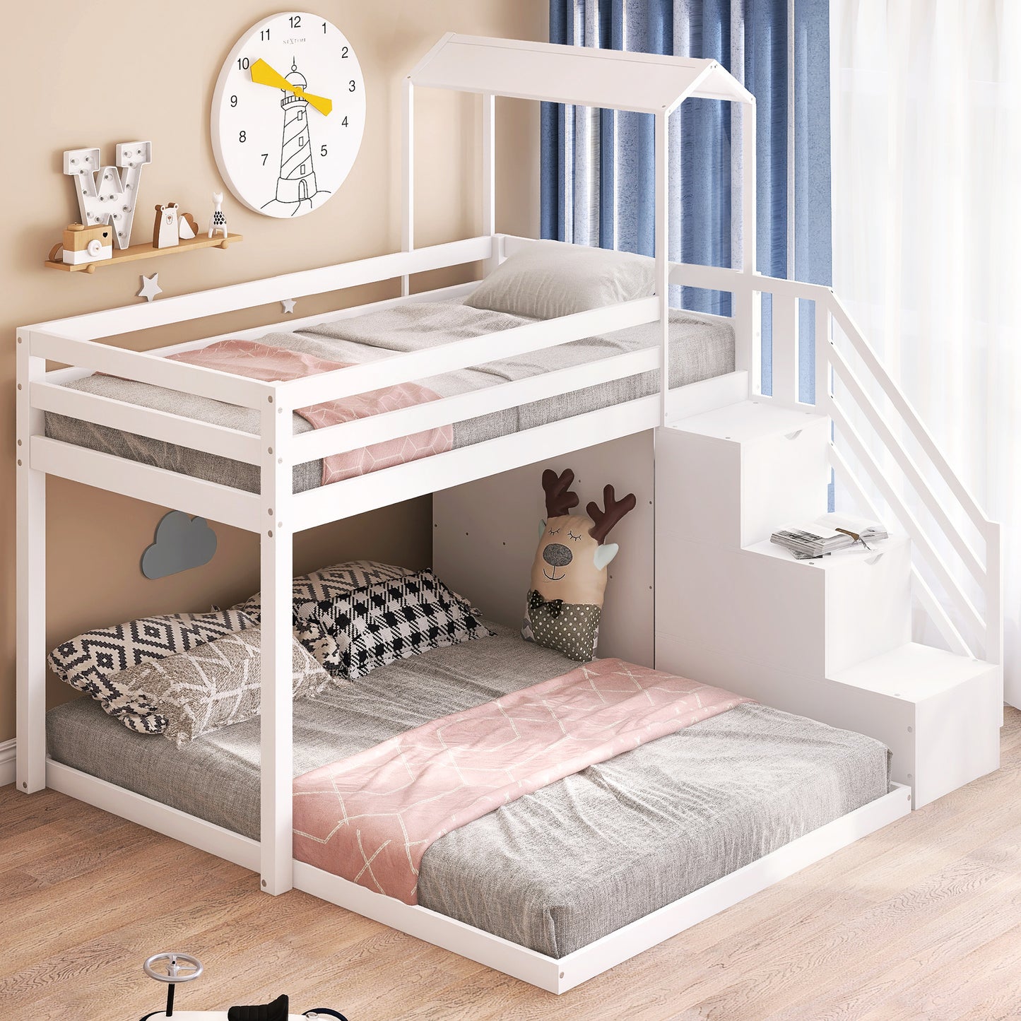 Twin over Full House Roof Bunk Bed with Staircase and Shelves, White