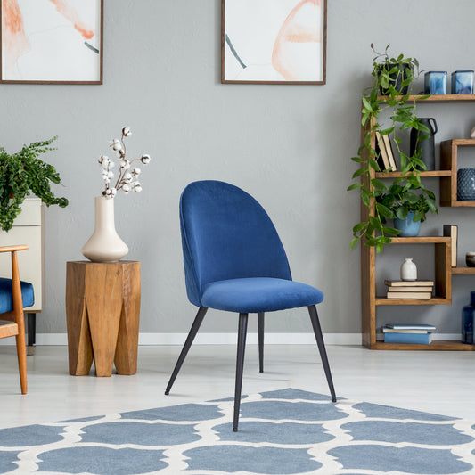 Dining Chair, Blue Velvet, Metal Black legs, Set of 2 Side Chairs