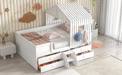 Full Size House Low Loft Bed with Four Drawers,White