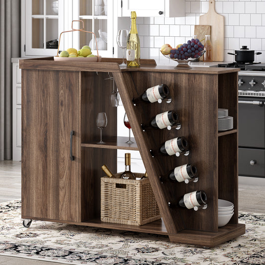 TREXM Kitchen Island Cart on Wheels with Adjustable Shelf and 5 Wine Holders, Storage Cart for Dining Room, Kitchen (Brown)