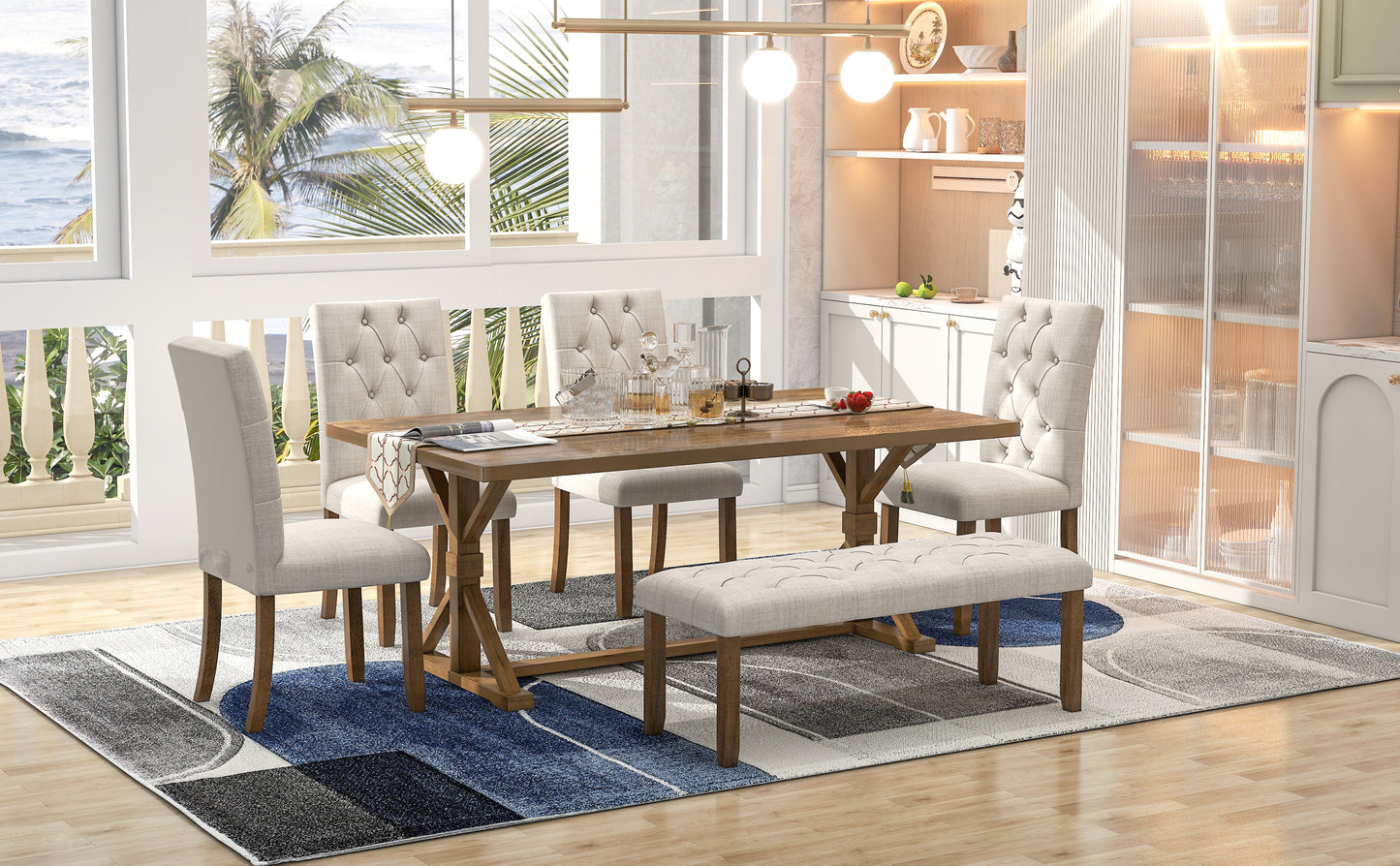 TREXM 6-Piece Farmhouse Dining Table Set 72" Wood Rectangular Table, 4 Upholstered Chairs with Bench (Walnut)