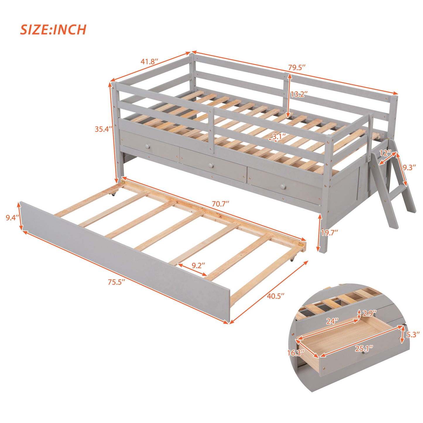 Low Loft Bed Twin Size with Full Safety Fence, Climbing ladder, Storage Drawers and Trundle Gray Solid Wood Bed