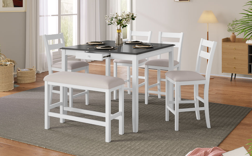 TOPMAX Wood 6-Piece Dining Table Set with Storage Drawer, Counter Height Square Kitchen Set with Upholstered Chair and Bench, White