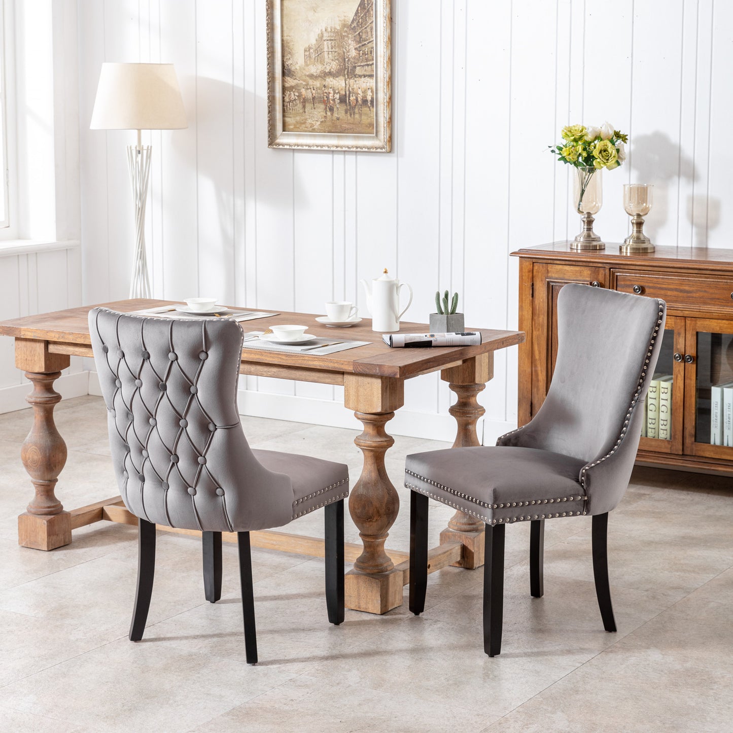 A&A Furniture,Upholstered Wing-Back Dining Chair with Backstitching Nailhead Trim and Solid Wood Legs,Set of 2, Gray