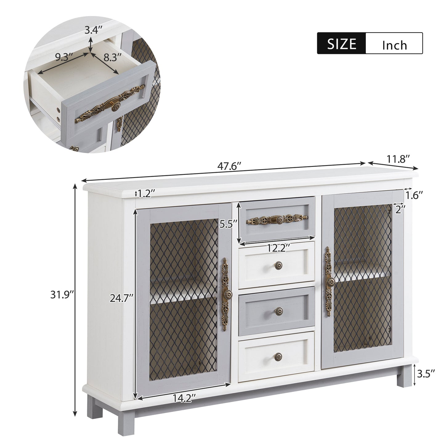 TREXM Retro Style Cabinet with 4 Drawers of the Same Size and 2 Iron Mesh Doors for Living Room and Entryway