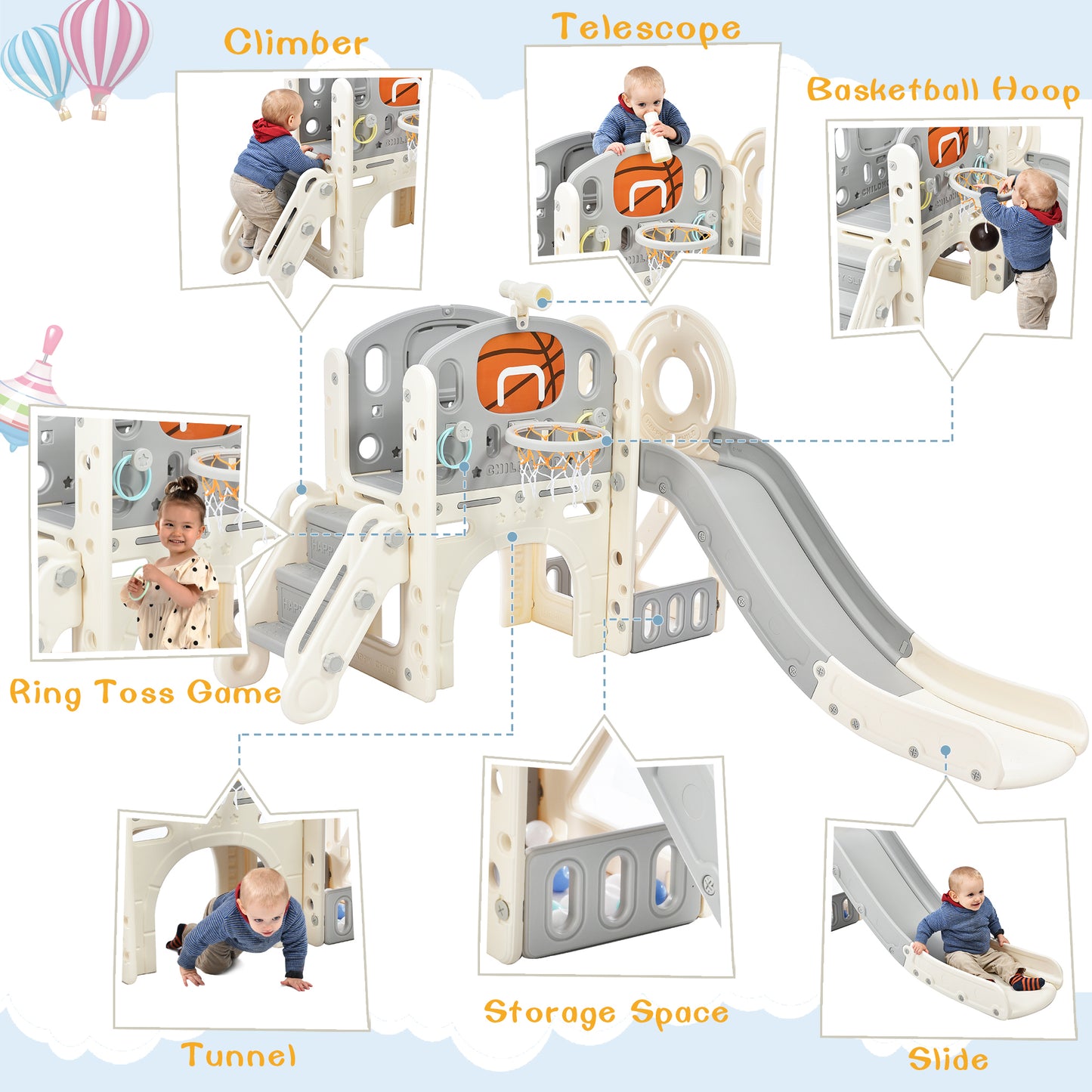 Kids Slide Playset Structure, Freestanding Castle Climbing Crawling Playhouse with Slide, Arch Tunnel, Ring Toss, and Basketball Hoop, Toy Storage Organizer for Toddlers, Kids Climbers Playground