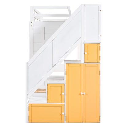 Twin Over Twin Bunk Bed with Trundle ,Stairs,Ladders Solid Wood Bunk bed with Storage Cabinet （White + Yellow）