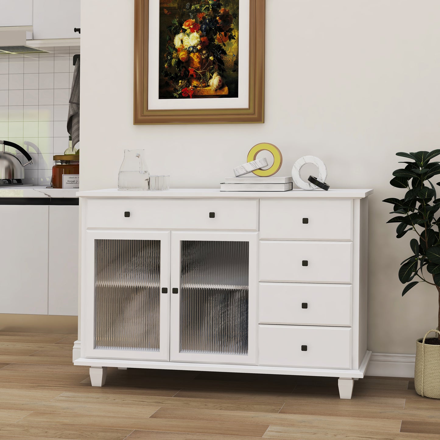 Super White Changhong Glass 5 Drawer 2 Door Cabinet-White