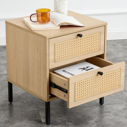 Modern simple storage cabinet MDF Board bedside cabinet Japanese rattan bedside cabinet Small household furniture bedside table.Applicable to dressing table in bedroom, porch, living room.2 Drawers