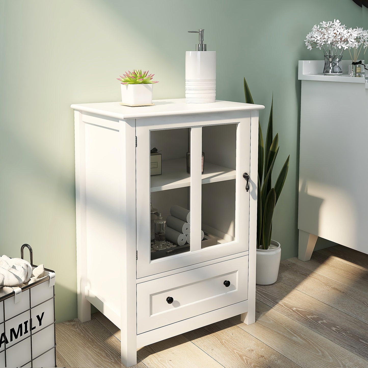 Buffet storage cabinet with single glass doors and unique bell handle