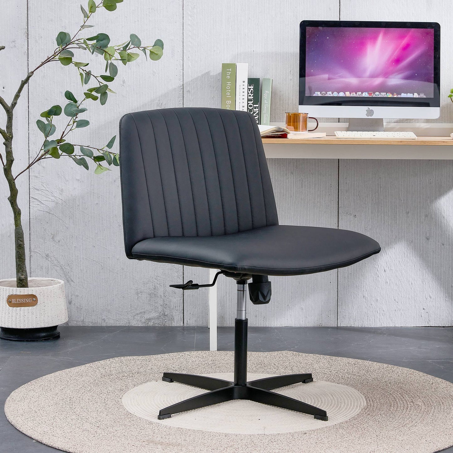 Black High Grade Pu Material. Home Computer Chair Office Chair Adjustable 360 ° Swivel Cushion Chair With Black Foot Swivel Chair Makeup Chair Study Desk Chair. No Wheels