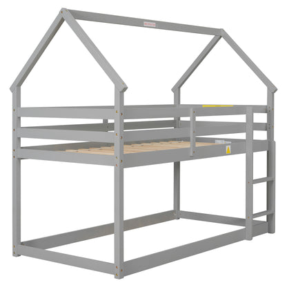 Twin over Twin Loft Bed with Roof Design, Safety Guardrail, Ladder, Grey