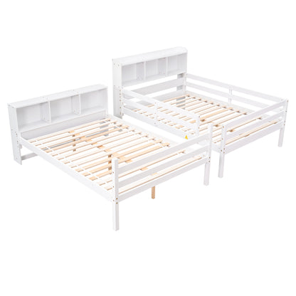 Full Over Full Bunk Beds with Bookcase Headboard, Solid Wood Bed Frame with Safety Rail and Ladder, Kids/Teens Bedroom, Guest Room Furniture, Can Be converted into 2 Beds, White