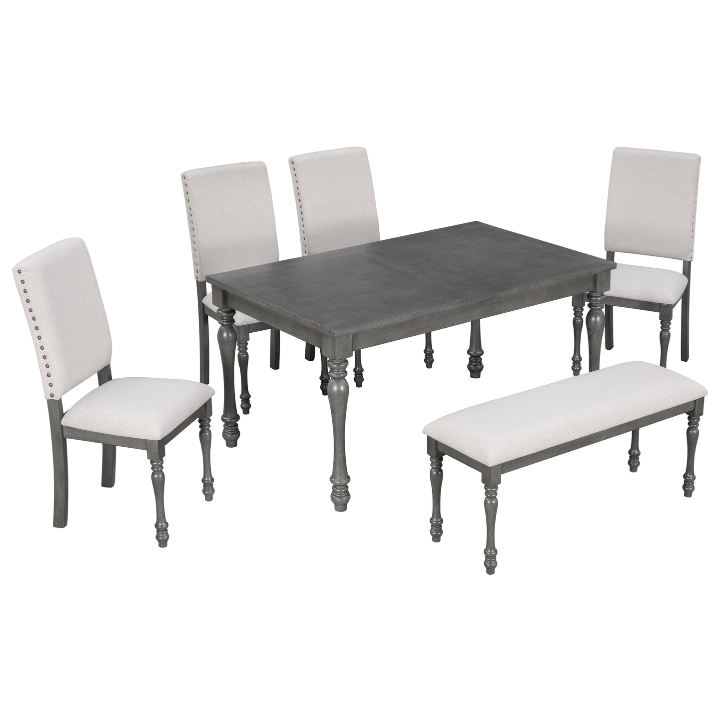 TREXM 6-Piece Wood Dining Table Set Rectangular Table with Turned Legs, 4 Upholstered Chairs and Bench for Dining Room (Gray)