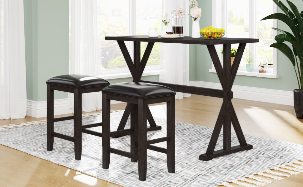 TOPMAX 3-Piece Counter Height Wood Kitchen Dining Table Set with 2 Stools for Small Places, Brown Finish+Black Cushion