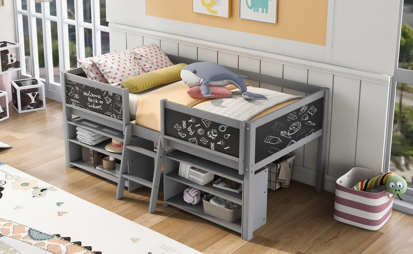 Twin Size Low Loft Bed with Two Movable Shelves and Ladder,with Decorative Guardrail Chalkboard,Gray