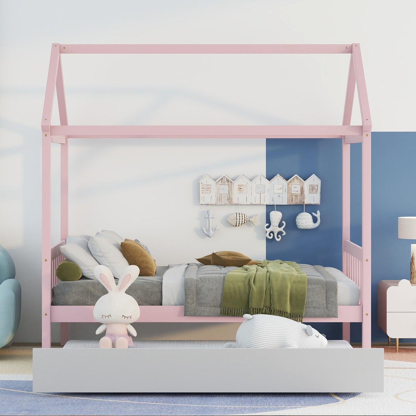 WARM PINK TWIN HOUSE BED WITH WHITE TWIN TRUNDLE