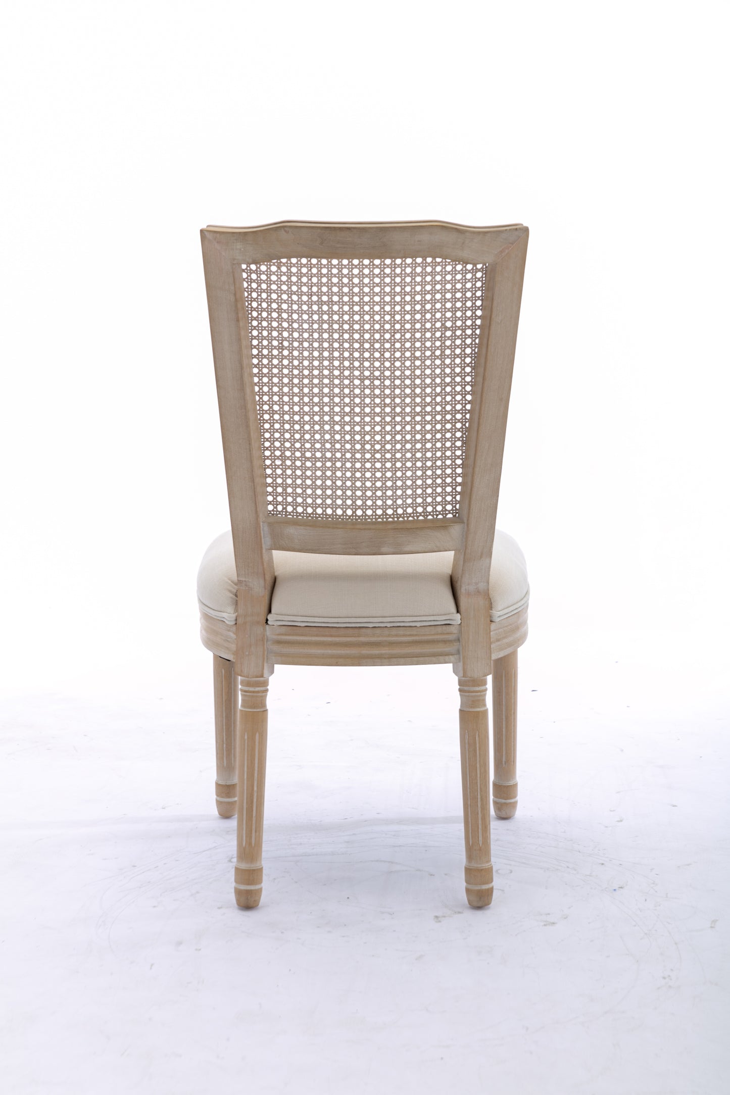 French Style Solid Wood Frame Antique Painting Linen Fabric Square Rattan Back Dining Chair,Set of 2,Cream