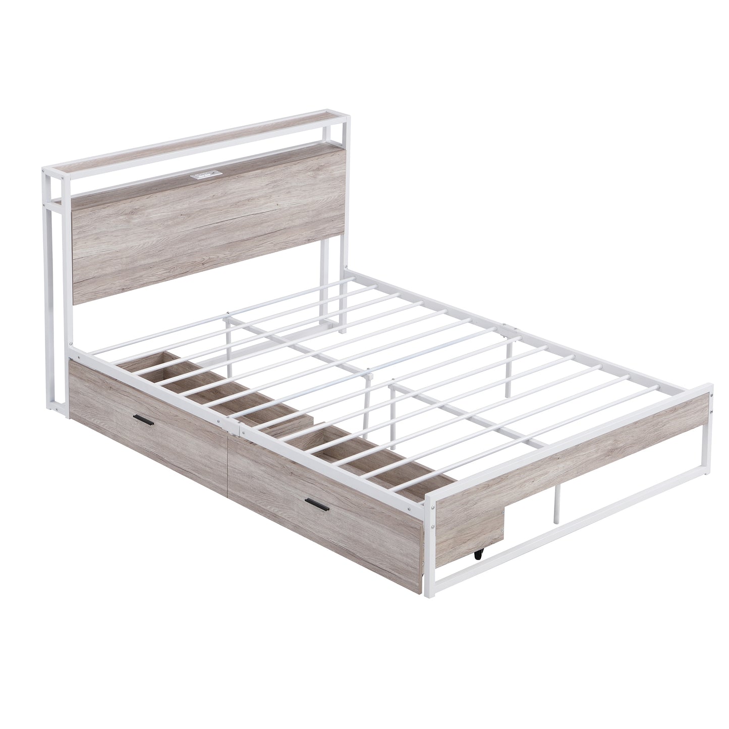 Full Size Metal Platform Bed Frame with  Two Drawers,Sockets and USB Ports ,Slat Support No Box Spring Needed White