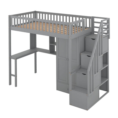 Twin size Loft Bed with Bookshelf,Drawers,Desk,and Wardrobe-Gray