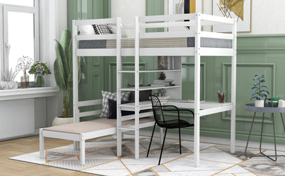 Convertible Loft Bed with L-Shape Desk, Twin Bunk Bed with Shelves and Ladder, White(OLD SKU:SM000209AAK-1)